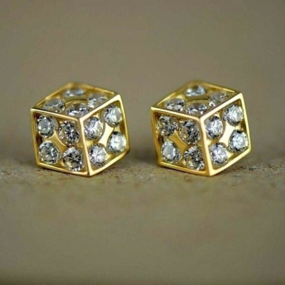 Solid 14K Gold Fancy Post Dice Stud Push Back Earrings X - Large 9.4 x 10.12 mm - Picture 4 of 11